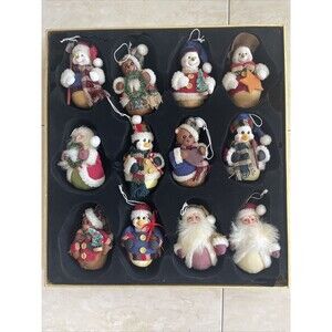 Assorted Fabric Ornaments with Ceramic Faces for Christmas Holiday (set of 12)
